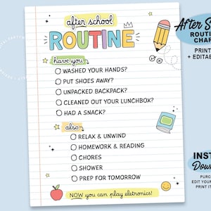 Editable After School Routine | Printable Schoolday Rules Chart | Reusable Kids After School Checklist  Template | Daily Screen Time Tracker