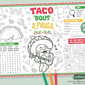May include: A black and white printable Mexican fiesta activity sheet. The sheet includes a word search, word scramble, I Spy game, and a maze. The text reads "Taco 'Bout a Fiesta" and "Mexican Party".