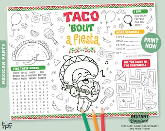 Taco Bout Party Coloring Page | Printable Mexican Fiesta Placemat | Taco Themed Party Activity Template | Kids Mexican Birthday Party Favor