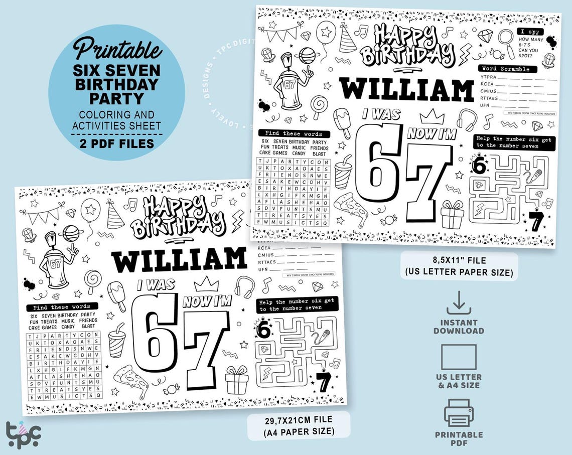 Editable Six Seven Party Placemat | 6 7 Meme Worksheet | Printable Boys