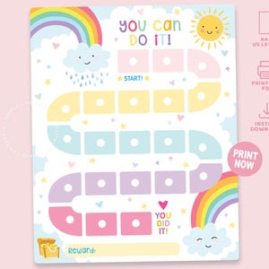 Puede incluir: Un colorido cuadro de recompensas con un arcoíris, un sol sonriente y nubes. El cuadro presenta el texto "You Can Do It!" y "You Did It!" con espacios para rastrear el progreso. Incluye un cofre del tesoro y la palabra "Reward".