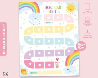 Tabella delle ricompense arcobaleno stampabile / Tabella dei comportamenti solari / Tabella delle faccende domestiche di routine per bambini / Tabella per l'uso del vasino per bambine / Tracker di adesivi arcobaleno