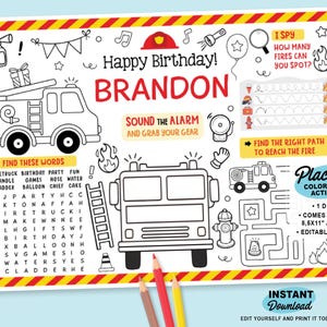 Editable Firetruck Party Placemat | Printable Firefighter Birthday Coloring Page | Firetruck Birthday Coloring Sheet | Firetruck Party Favor