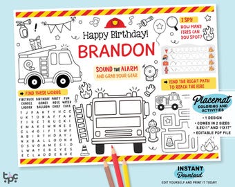 Editable Firetruck Party Placemat | Printable Firefighter Birthday Coloring Page | Firetruck Birthday Coloring Sheet | Firetruck Party Favor
