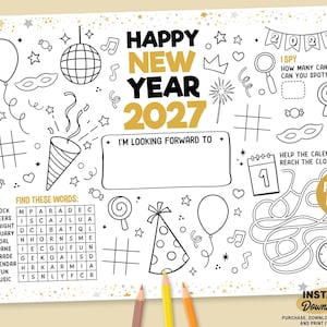 以下が含まれることがあります： 「HAPPY NEW YEAR 2027」の文字が入った、白黒の新年用プレースマット。 プレースマットには、単語検索、迷路、その他のアクティビティが含まれています。 また、「I'M LOOKING FORWARD TO」と「I SPY」の文字も含まれています。