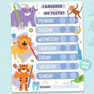 Könnte beinhalten: Eine farbenfrohe Belohnungstabelle für Kinder mit dem Text "Ich habe meine Zähne geputzt!" und Illustrationen von Zeichentricktieren. Die Tabelle hat Felder für jeden Wochentag und einen Belohnungsbereich. Druckbare PDF.