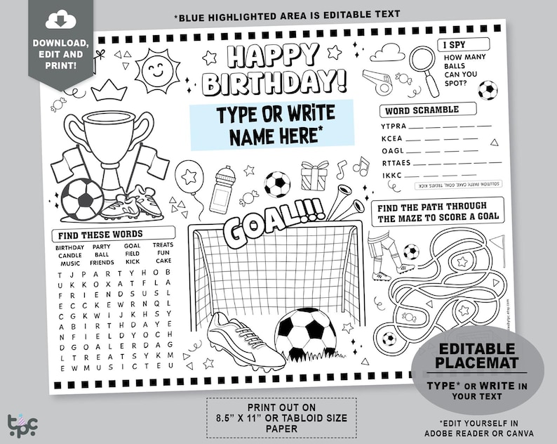 Editable Soccer Party Placemat Printable Football Birthday Coloring