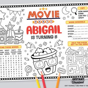 May include: Black and white movie-themed placemat with the text "MOVIE PARTY ABIGAIL IS TURNING 8". Includes a popcorn bucket wearing 3D glasses, a maze, word scramble, and "I Spy" game. Features the words "INSTANT Download".
