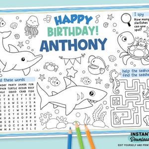 Editable Under the Sea Birthday Coloring Placemat | Printable Shark Party Activity Page | Ocean Animals Worksheet | Oneder the Sea Party