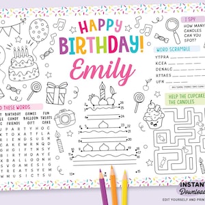 May include: A birthday coloring page with the words "Happy Birthday Emily" in pink and other colors. The page includes a cake, balloons, and other birthday-themed illustrations. There are also word puzzles and a maze.