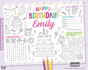 Editable Happy Birthday Coloring Placemat | Printable Girl Birthday Party Mat | Pink Birthday Party Activity Sheet for Kids