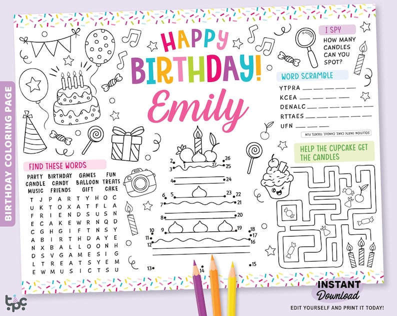 Editable Happy Birthday Coloring Placemat | Printable Girl Birthday ...