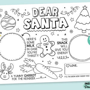 以下が含まれることがあります： 「DEAR SANTA」の文字が上部に書かれた、白黒印刷可能なクリスマスの塗り絵。クリスマスツリー、オーナメント、ジンジャーブレッドマン、トナカイ、ニンジン、書き込みエリアのイラストが含まれています。