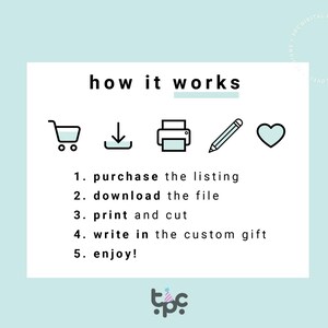 May include: A white graphic with the text "how it works" and numbered steps: purchase, download, print, write, and enjoy. Icons include a shopping cart, download arrow, printer, pencil, and heart. The background is a light blue.