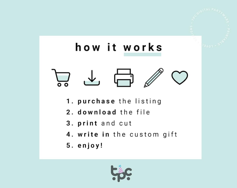 May include: A white graphic with the text "how it works" and numbered steps: purchase, download, print, write, and enjoy. Icons include a shopping cart, download arrow, printer, pencil, and heart. The background is a light blue.