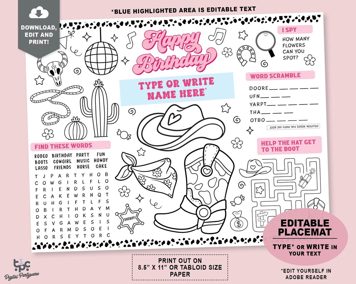 Editable Pink Cowgirl Birthday Party Placemat | Printable Disco Cowgirl ...