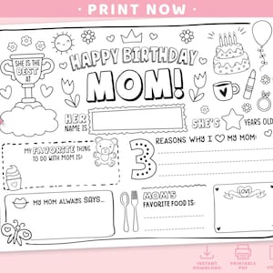 Gelukkige verjaardag mama kleurplaat | Afdrukbare invulsjabloon Alles over moeder | Moederdagactiviteit | Mama verjaardagscadeaukaart voor kinderen