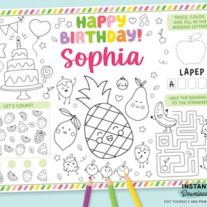 Tutti Frutti Birthday Party Favor | Editable Twotti Frutti Party Activity Page | Printable Dancing Fruits Party Placemat | Fruit Party Favor