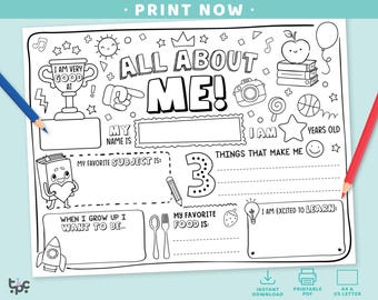 All About Me Printable Activity Coloring Page | Back To School Printable | Get To Know Me Classroom Ice Breaker Worksheet Template