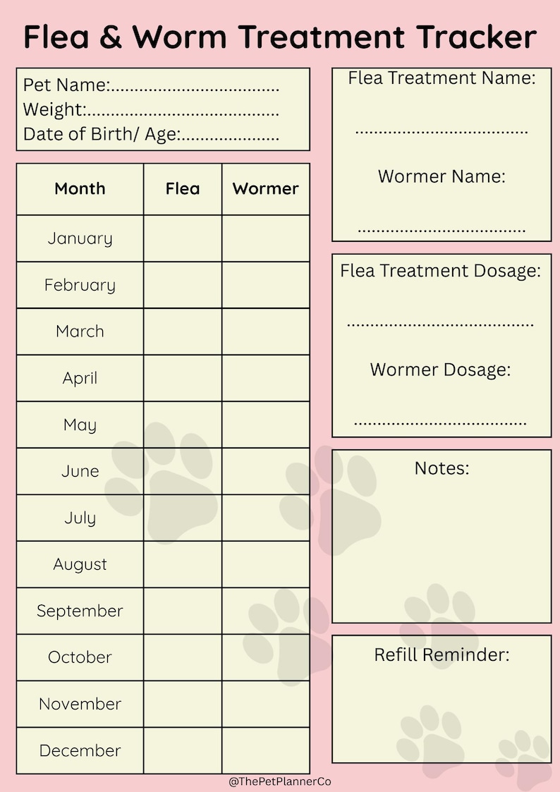 Flea & Worm Treatment Tracker | Printable Pet Health Log | Pet Care ...
