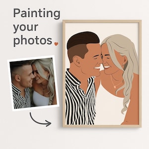 Könnte beinhalten: Ein gerahmter Kunstdruck mit einer minimalistischen Illustration eines Paares. Das Kunstwerk zeigt einen Mann in einem schwarz-weiß gestreiften Hemd und eine Frau in einem weißen Oberteil, mit einem kleinen Foto des Paares links. Der Text "Painting your photos" steht oben.
