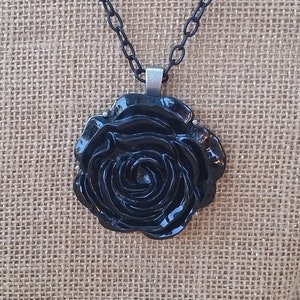 Black Rose Necklace: Large Jet BlackSatin Blooming Gothic Lolita Rose Pendant Resin Flower with Matte Rhodium Black Chain Goth Rose Necklace