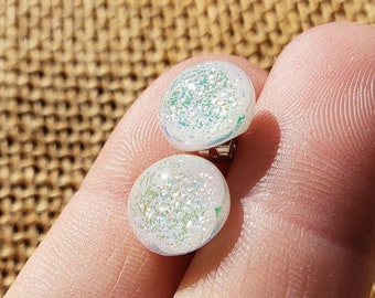 White Small Glass Stud Earrings: White Rainbow Aurora Borealis Dichroic Glass Iridescent Color Changing Standard Silver Post Ear Studs 28