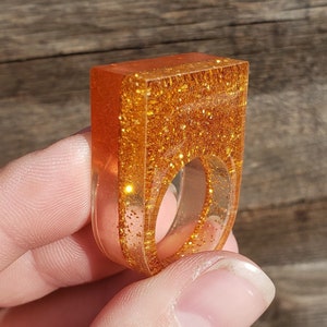 Chunky Statement Ring: Peachy Orange & Rose Gold Glitter Half And Half Large Rectangle Ring One Size Fits All Approx Size 9 Clear Resin