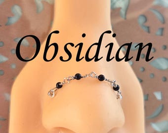 Obsidian Nose Chain: Round Jet Black Volcanic Glass Stone Beaded Double Piercing Pierced Bridge Hand-Built Black Silver 14k Rose Gold