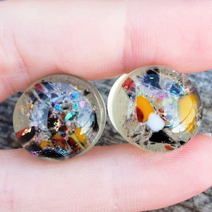 16 mm Glass Gauged Ear Plugs: Mixed Color Frit Dichroic Glass Clear Resin Double Flared Handmade in USA Size 16mm 5/8 Inches