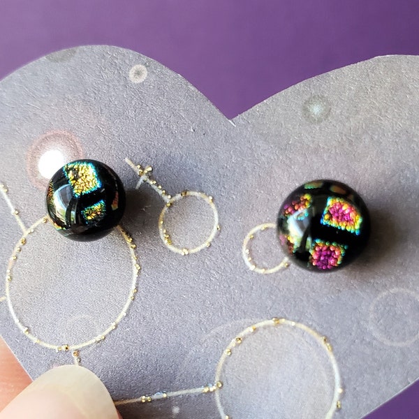 Glass Stud Earrings: Watermelon Tourmaline Pattern Black Background Tiny Mini Small Dichroic Color Change Iridescent Post Pierced Ear 23