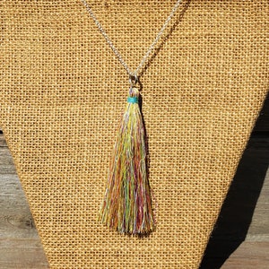 Rainbow Tassel Necklace: Handmade Mix of Rainbow Colored Soft Silk Thread Long Tassle Subtle LBGTQIA+ Queer Fashion Love is Love Pendant