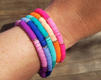 Fimo Beaded Bracelet: Rainbow Colored Handmade Polymer Clay Bead Bracelets Purple Blue Green Teal Orange Pink Gold Plated Clasp Nickel Free