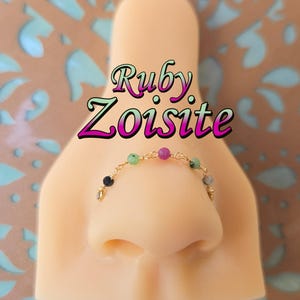 Ruby Zoisite Nose Piercing Chain: Pink Green Black Double Pierced Nostril Bridge Hand-Built Sterling 925 Silver 14k Rose Gold White Gold