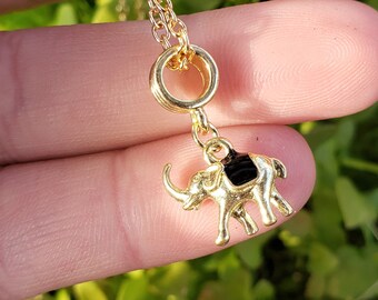 Lucky Elephant Necklace: Gold Plated Good Luck Charm Necklace Plain Simple Flat Small Elephant Shape Charm on 19 Inch Chain