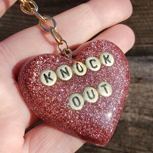 Heart Keychain: &quot;Knock Out&quot; Kawaii Puffy Heart Petal Pink Glitter with Gold Foil Stars Heart Resin Girly Key Chain Gold Plated Light Pink
