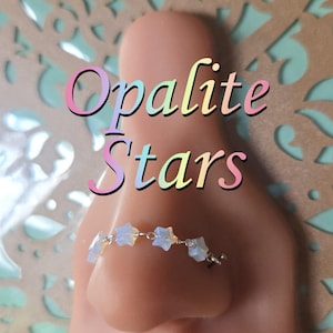 Clear Stars Nose Chain: Rainbow Opalite Star Shaped Gemstone Double Pierced Nostril Bridge Piercing Hand-Built Sterling 925 Silver 14k Gold