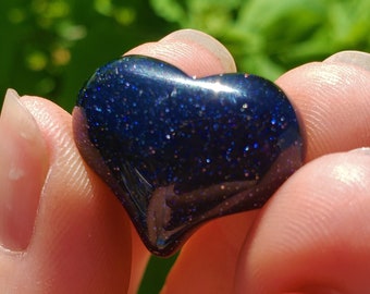 Blue Goldstone Heart: Mini Size Worry Stone Small Dark Midnight Blue Silvery Sparkling Carved Polished Shaped Rock Gold Stone Man Made