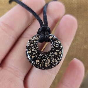 Circle with Hole in Center Pendant: Small Black & Metallic Silver Color Changing Fused Dichroic Glass Necklace Black Cord Concentric