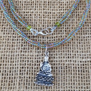 Buddha Necklace: Protection Talisman Grey Rainbow Oil Slick Seed Beaded, Triple Twist Chain & Silver Tone Pendant Necklace, Buddhist Jewelry
