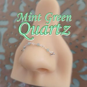 Quartz Nose Chain: Mint Light Green "Strawberry" Quartz Gemstone Beaded Double Pierced Nostril Bridge Piercing Hand-Built Silver 14k Gold