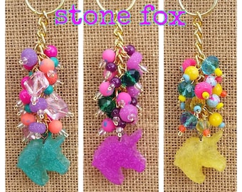 Unicorn Purse Charm: Handmade Teal Purple Yellow Glitter Matching Beaded Bling Split Ring Keychain Chain Fob Accessories Glittering Kawaii