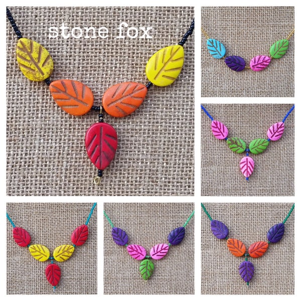 Forest Fairy Necklace: 5 Color Choices Stone Forest Faerie Pixie Fae Folk Style Beaded Leaf Shaped Beads Bright Beads Howlite Forest Leaves