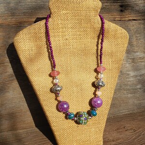 Fairy Queen Statement Necklace: Large Bejeweled Bauble Necklace Handmade Fae Pixie Style Purple Green Teal Short Vintage 90s Beads Beaded