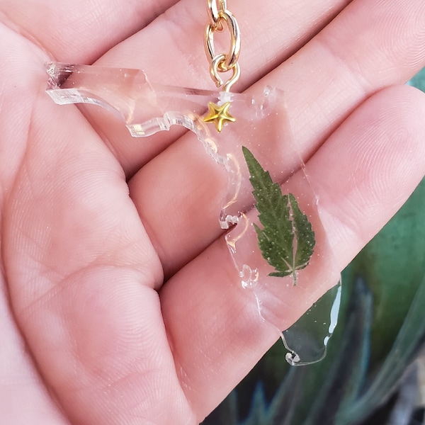 Florida State Shape Weed Leaf Keychain: Clear Resin Real Cannabis Leaf and Gold Star on Capital City Marijuana Leaf United States Map