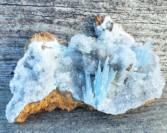 May include: A cluster of blue celestite crystals on a brown rock. The crystals are sharp and pointed, and they are surrounded by a white, crystalline matrix.