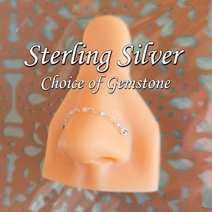 Nose Chain: Beaded Sterling Silver 925 Metal Finish Choice of Gemstone Hand-Built Double Pierced Nostril Bridge Piercing Any Size