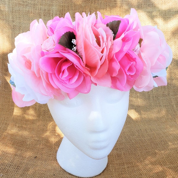 Flower Crown: Light Pink, Bright Pink & White Mixed Roses Headband Maternity Flower Girl Wedding Beltane Solstice Pagan Easter Goddess