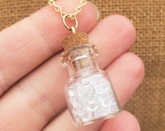 Bottle Necklace: Quartz Crystal Faceted Gemstones April Birthstone Glass Bottle w/Cork Pendant Silver or Gold Plated Optional Heart Charm