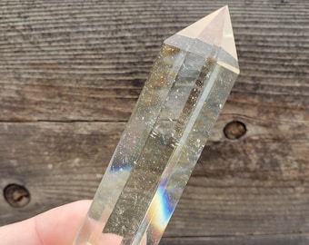 Pontos da Torre de Limão: 79,5 gramas, grande, transparente, dourado, imitação de quartzo limão, citrino, cópia polida, amarelo claro, inclusões de arco-íris #L
